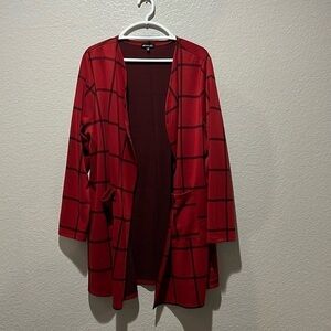 Olivia Blu Cardigan Sweater Womens 3X Red Window Pane Print Open Front Knit